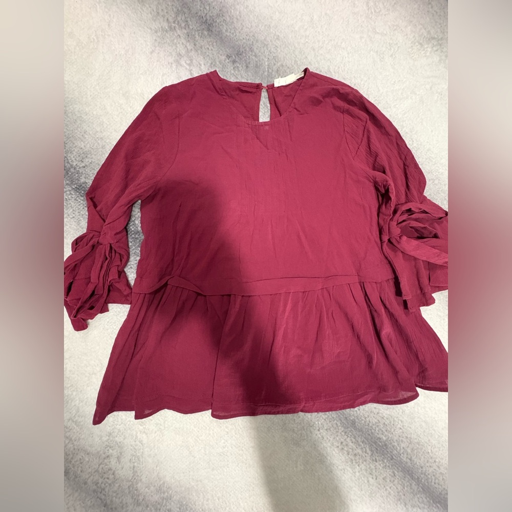 Blu Pepper Burgundy Red Bow‎ Sleeve Peplum Ruffle Top Blouse Tunic Medium M